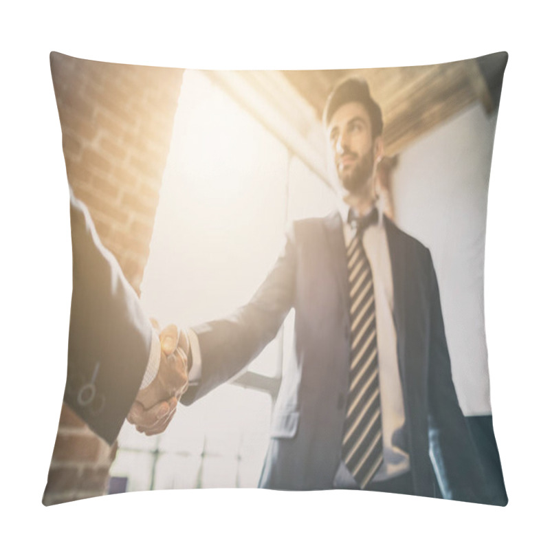 Personality  Business People Shaking Hands, Finishing Up Meeting. Successful Businessmen Handshaking After Good Deal. Pillow Covers