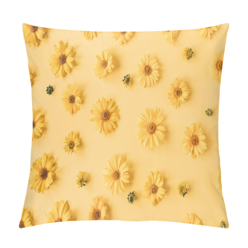 Personality  Flat Lay Yellow Daisy Flower Buds Pattern On Yellow Background. Top View Floral Texture. Pillow Covers