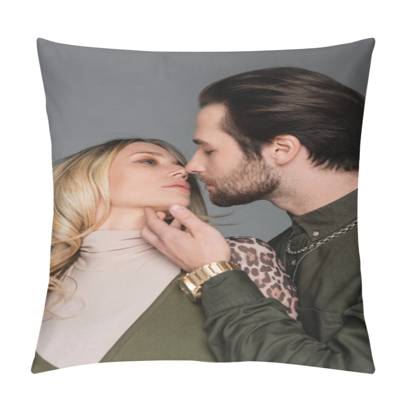 Personality  Bearded Man In Green Shirt Kissing Blonde Girlfriend Isolated On Grey Pillow Covers