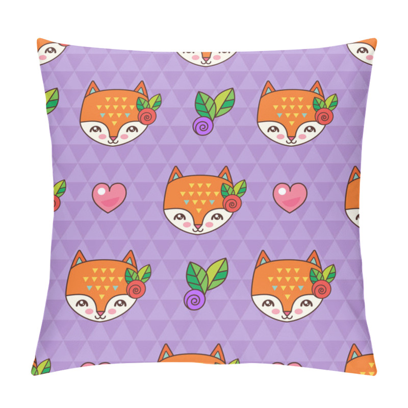 Personality  Seamless Pattern. A Sweet Fox With A Rose On Her Head. Violet Geometric Background. Kawaii Style. Pillow Covers