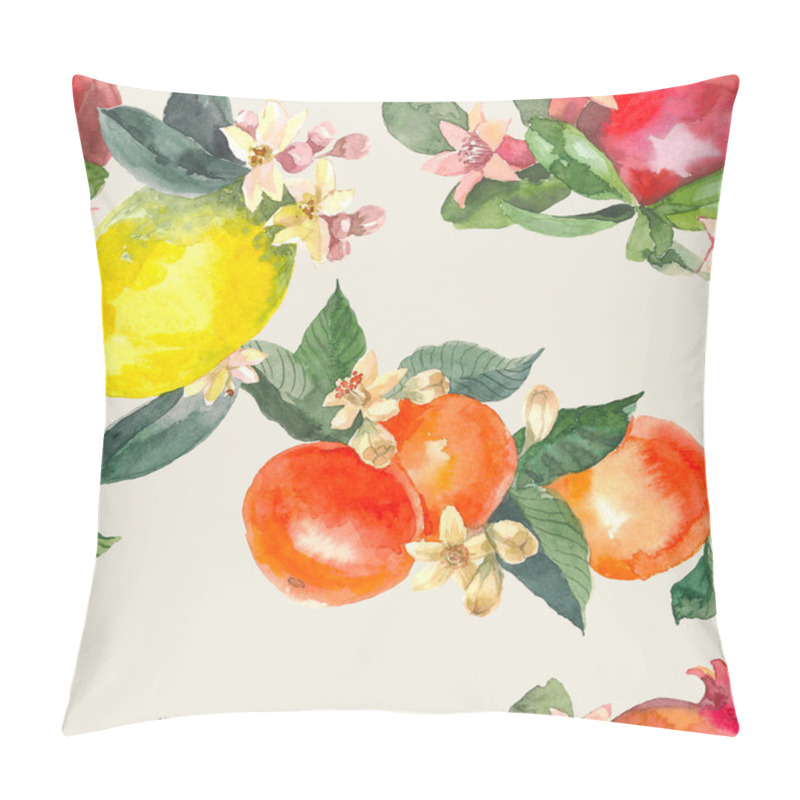 Personality  Watercolor Seamless Pattern Of Isolated Hand Drawn Oranges, Pomegranate, Lemon And Flowers In Sketch Style On Light Background. Pillow Covers