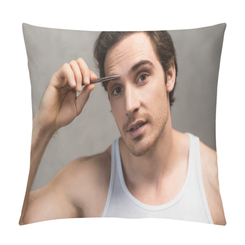 Personality  Young Man Looking At Camera While Tweezing Eyebrows  Pillow Covers