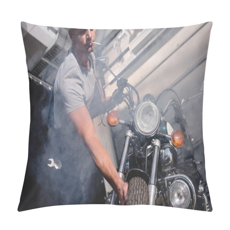 Personality  Guy Smoking Cigarette And Checking Motorbike Front Wheel In Garage Pillow Covers