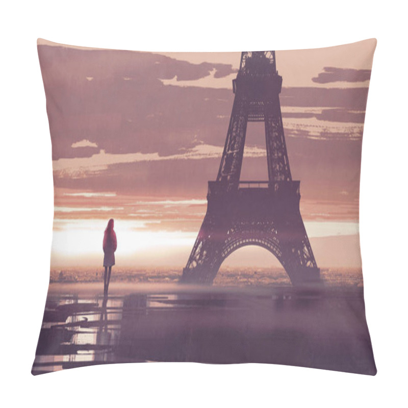 Personality  Alone In Paris, Woman Looking At The Eiffel Tower At Early Morning, Digital Art Style, Illustration Painting Pillow Covers