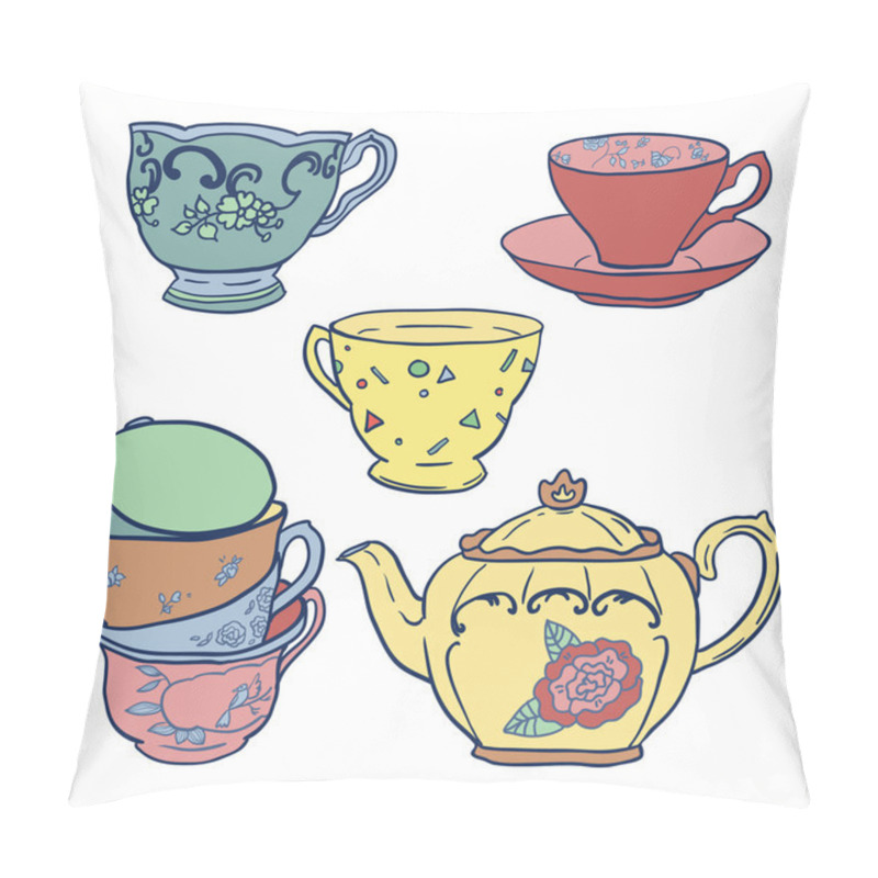 Personality  Vector Set With Teapots And Teacups. Pillow Covers