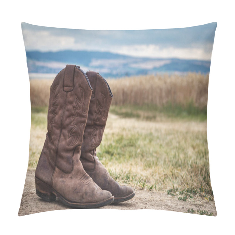 Personality  Cowboy Boot In Rural Scene With Moody Sky. Old Brown Leather Boots Outdoors. Wild West Retro Style Pillow Covers