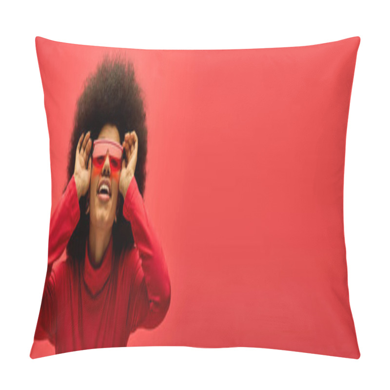 Personality  African American Woman Confidently Sports A Red Shirt And Matching Glasses. Pillow Covers