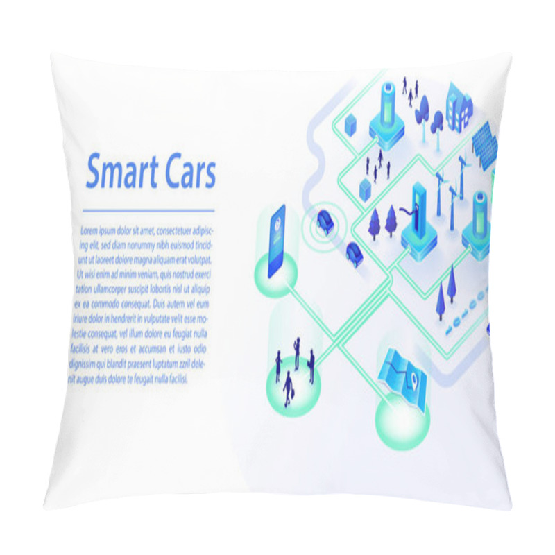 Personality  Smart Cars Concept Powered By Renewable Energy And IT Technology. 3d Isometric Vector Infographic In Wide Web Banner Style Layout Pillow Covers