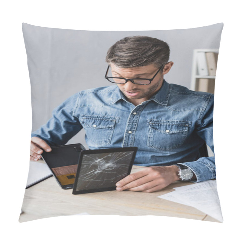 Personality  Surprised Businessman Disassembling Smashed Digital Tablet At Workplace On Blurred Foreground Pillow Covers