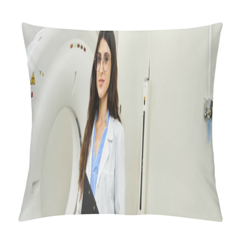 Personality  An Attractive Female Doctor Stands Confidently In A MRI Room, Ready For Diagnostic Tests. Pillow Covers