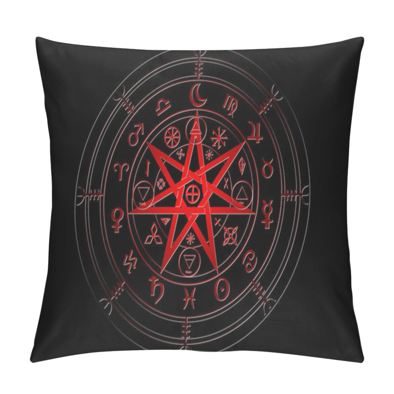 Personality  Wiccan Symbol Of Protection. Red Mandala Witches Runes, Mystic Wicca Divination. Ancient Occult Symbols, Earth Zodiac Wheel Of The Year Wicca Astrological Signs, Vector Isolated Or Black Background Pillow Covers