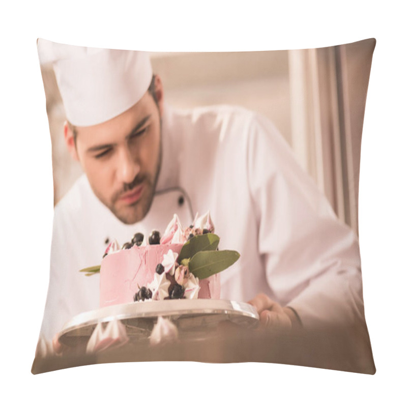 Personality  Selective Focus Of Confectioner Looking At Cake In Hands In Restaurant Kitchen Pillow Covers