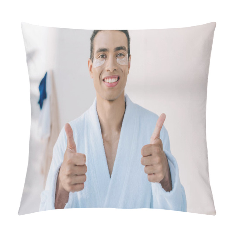 Personality  Handsome Man In Bathrobe With Patches Showing Thumbs Up While Smiling And Looking At Camera Pillow Covers