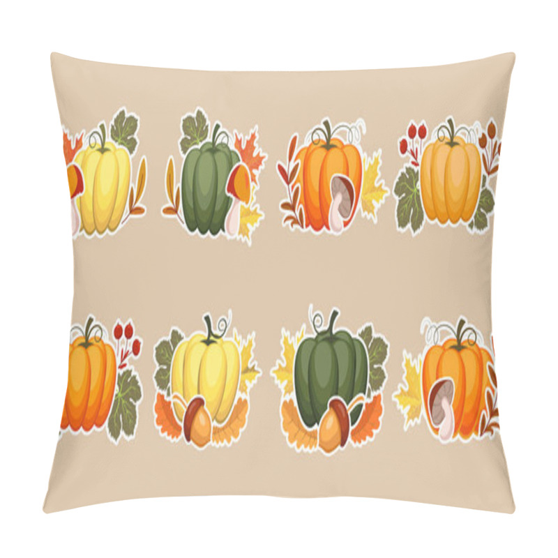 Personality  Set Of Autumn Stickers, Pumpkins With Acorns, Mushrooms And Autumn Leaves And Rowan. Illustration, Icons, Template, Vector Pillow Covers