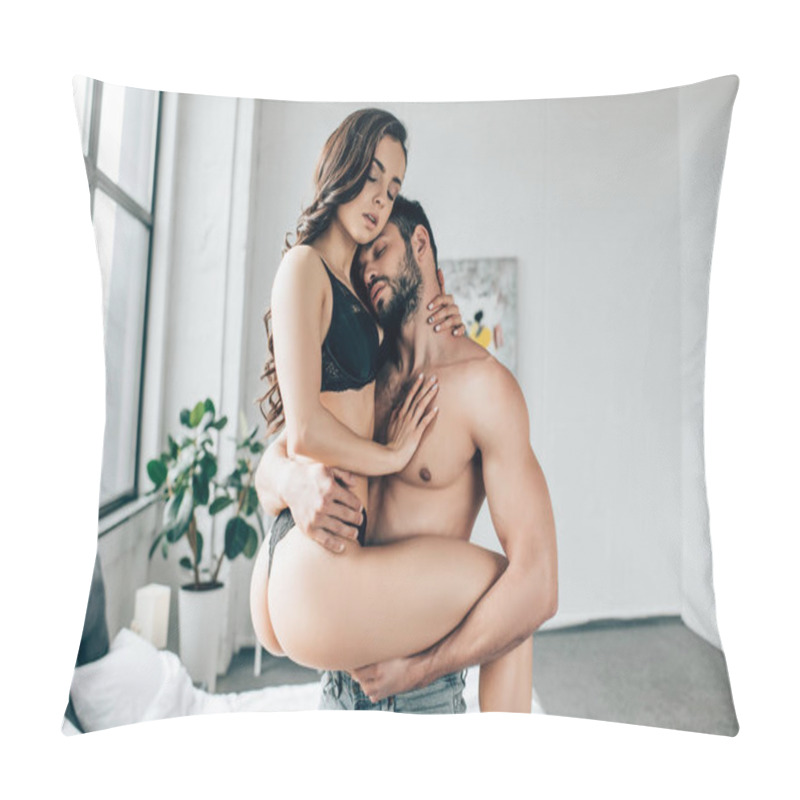 Personality  Shirtless Handsome Man Holding In Arms Sexy Woman With Closed Eyed Pillow Covers