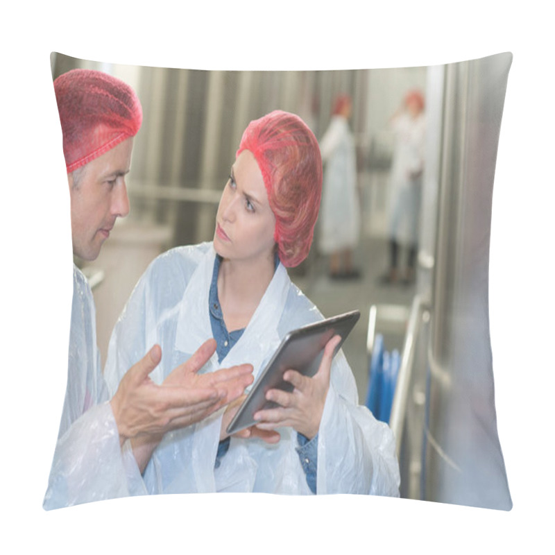 Personality  Two Factory Workers Discussion With Tablet Pc Pillow Covers