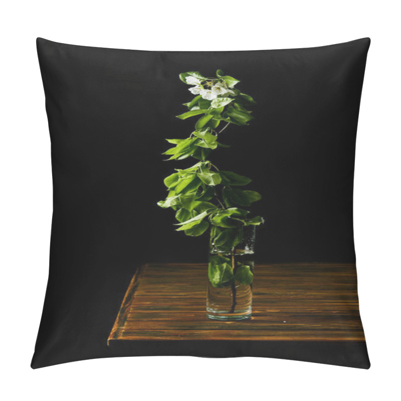 Personality  Close-up Shot Of Branch Of White Cherry Blossom In Vase On Wooden Table Isolated On Black Pillow Covers