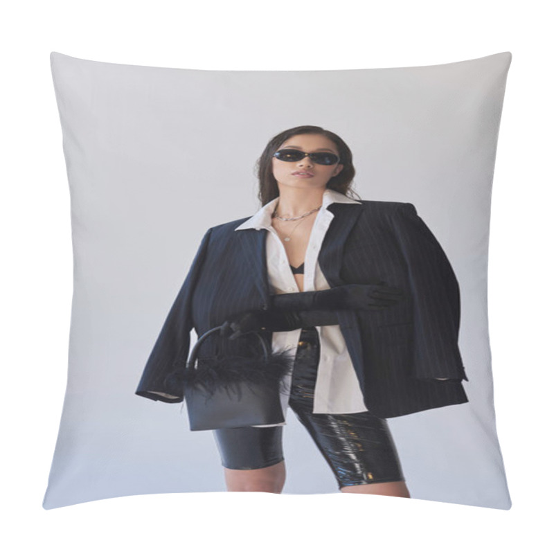 Personality  Personal Style, Brunette Asian Woman In Dark Sunglasses Posing With Feathered Handbag On Grey Background, Young Model In Latex Shorts, Bra, Blazer And Black Gloves, Style And Trends  Pillow Covers