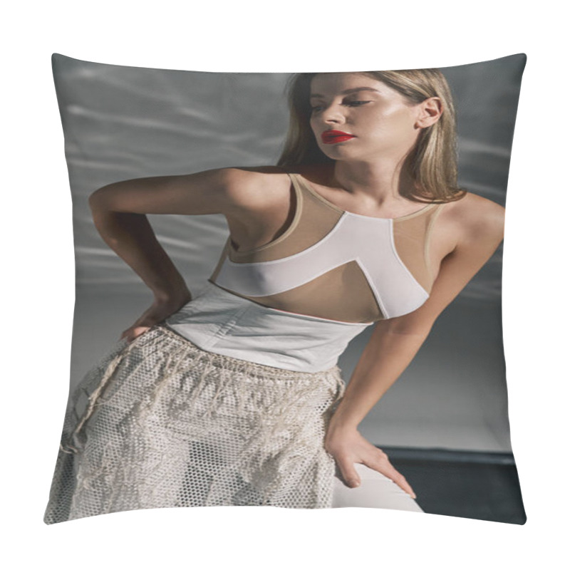 Personality  A Young Woman Poses In A White Outfit, Featuring A Mesh Skirt And A Top With A Geometric Design. Pillow Covers