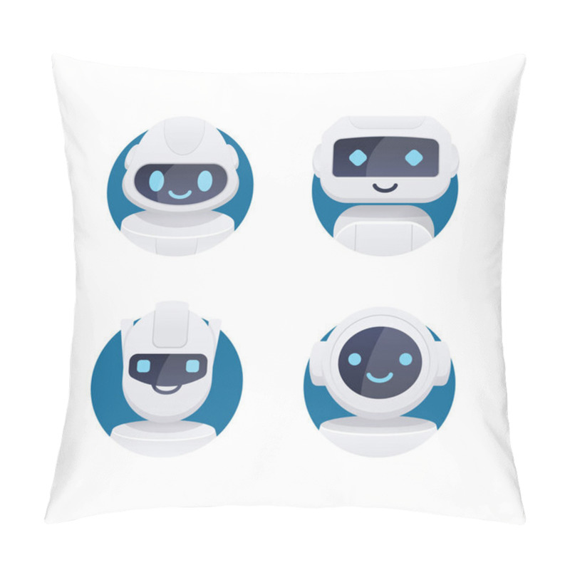 Personality  Future Chat Bot Set. Robot Icons With Blue Cute Eyes And Smiles Isolated In Circle. Pillow Covers