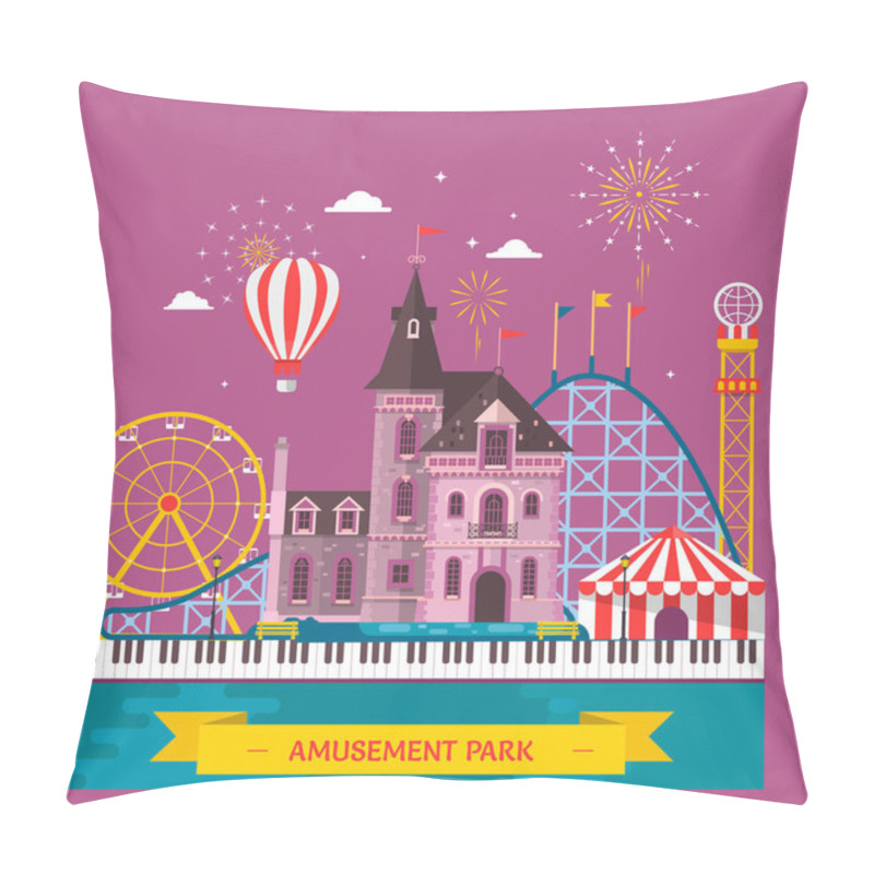 Personality  Amusement Park With Attraction And Rollercoaster, Tent With Circus, Carousel Or Round Attraction, Merry Go Round, Ferris Wheel Vector Illustration Pillow Covers