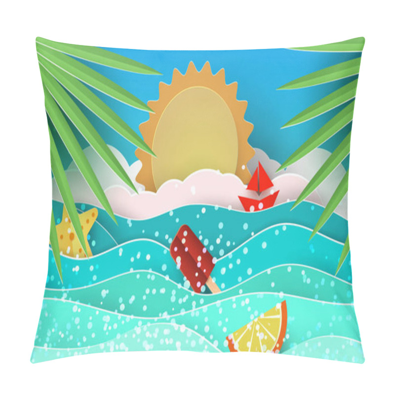 Personality  Sea Waves And Tropical Leaves In The Style Of Paper Art. Vector Illustration. A Poster With A Summer Vacation In The Design Of Paper. Pillow Covers