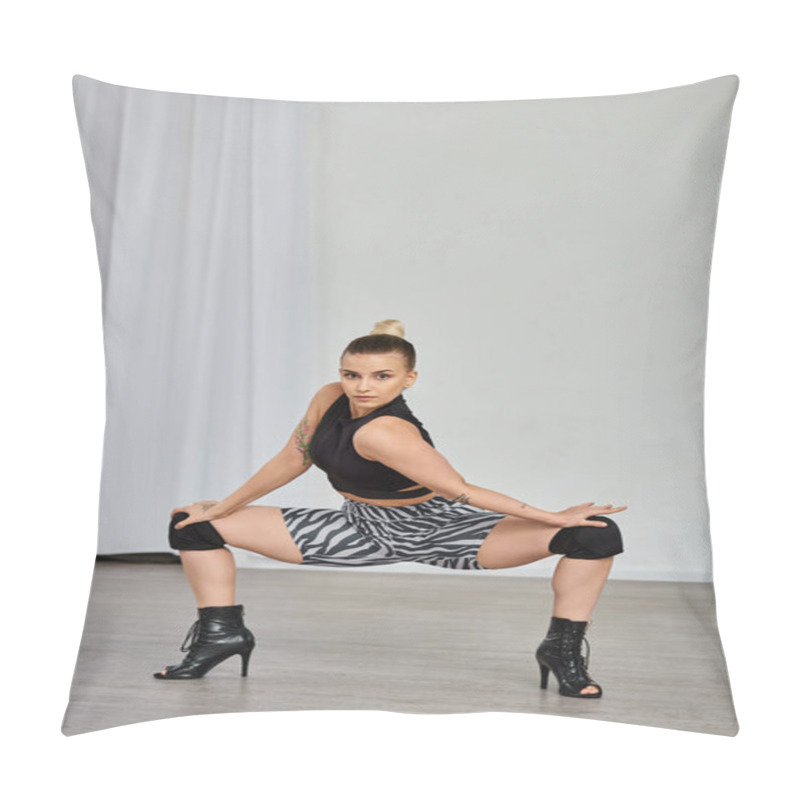 Personality  Graceful Woman Balances Effortlessly On Her High Heels, Showcasing Strength While Dancing Near Wall Pillow Covers