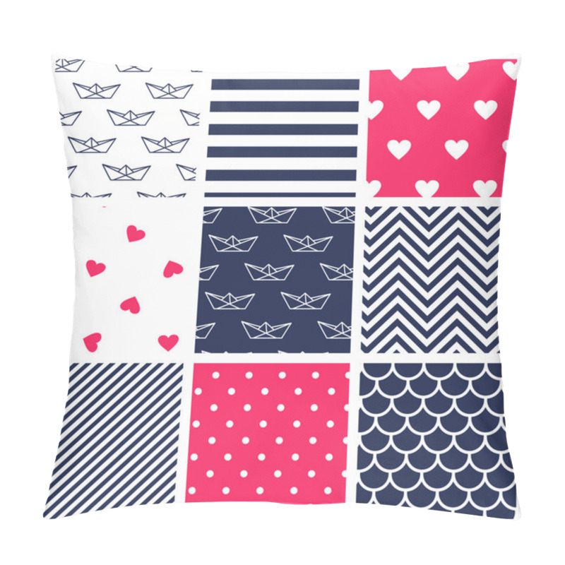 Personality  Set Of Romantic Marine Seamless Patterns: Stripes, Hearts, Polka Pillow Covers