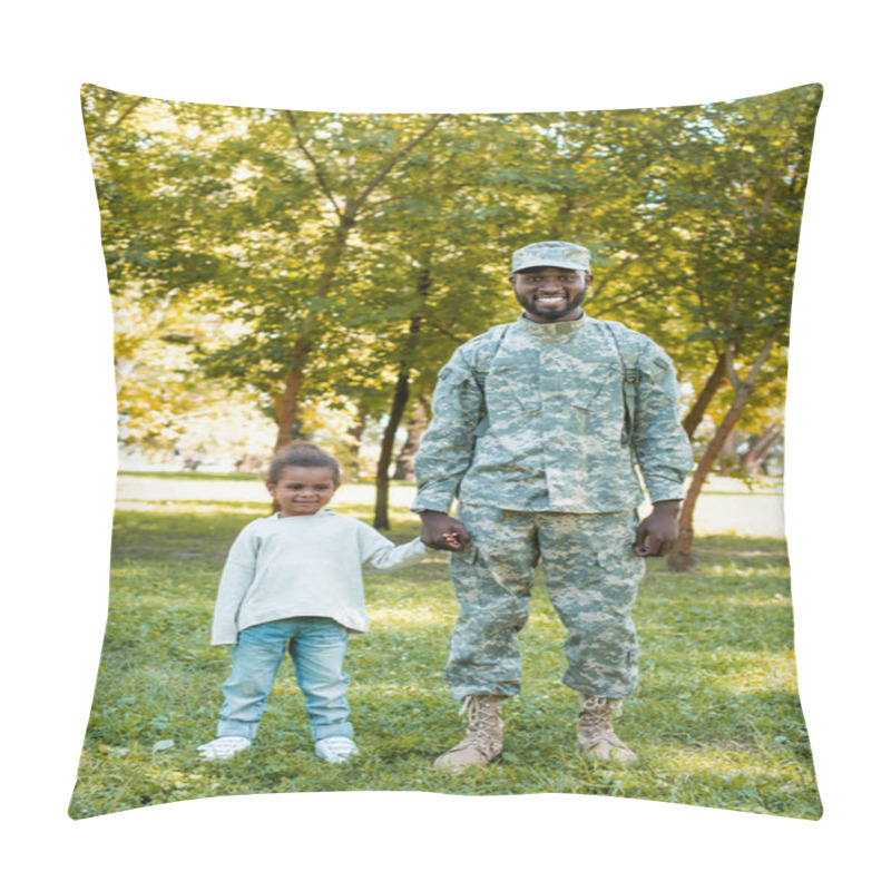 Personality  Smiling African American Soldier In Military Uniform And Daughter Holding Hands In Park Pillow Covers