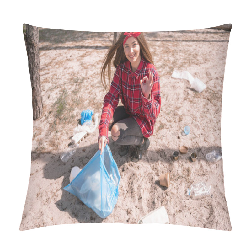 Personality  Happy Woman Showing Ok Sign Near Trash Bag And Rubbish On Ground Pillow Covers