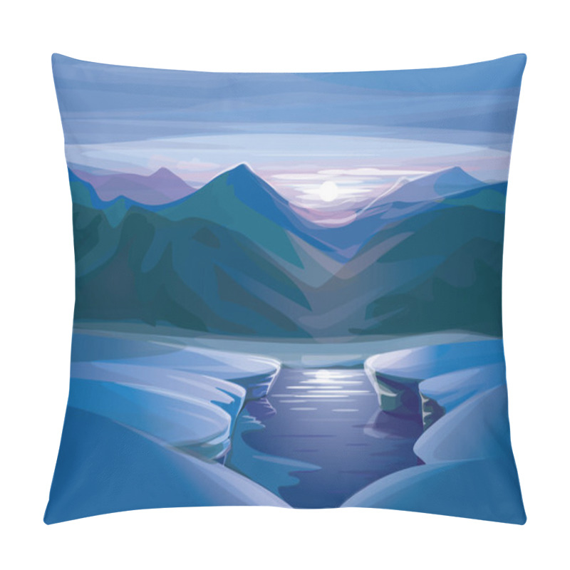 Personality  Vector Of Winter Sunset Landscape, With Reflection In Lake Pillow Covers