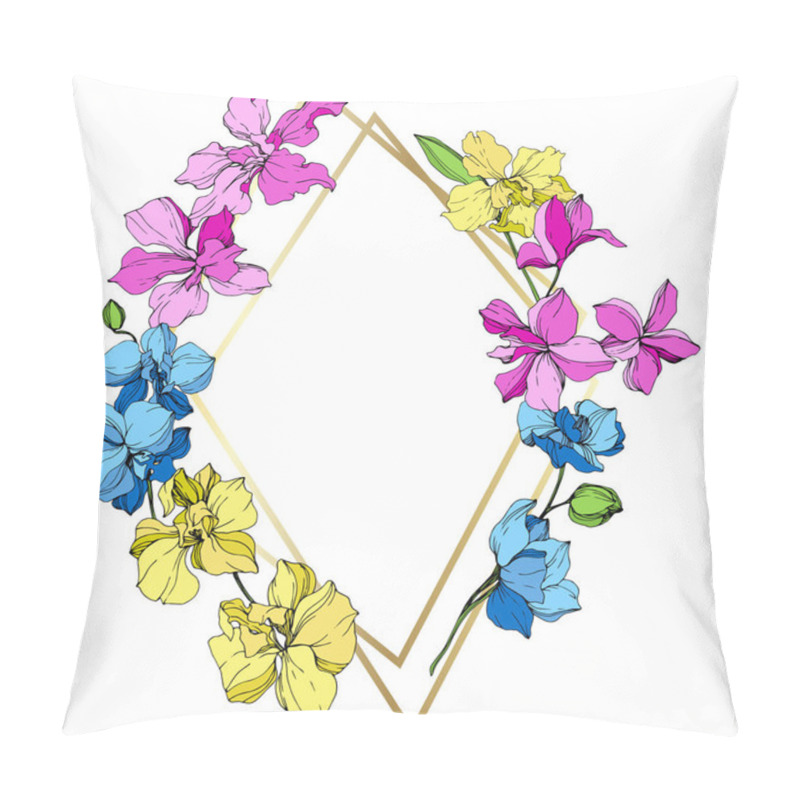 Personality  Pink, Blue And Yellow Orchid Flowers. Engraved Ink Art. Frame Golden Crystal. Geometric Crystal Stone Polyhedron Mosaic Shape. Pillow Covers