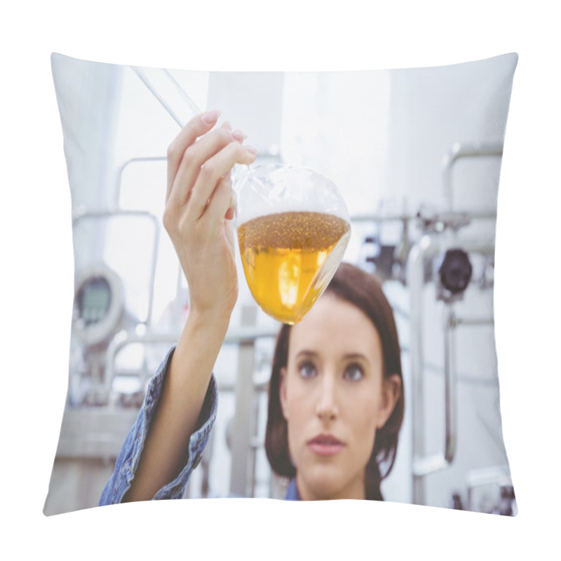 Personality  Stylish Brunette In Denim Jacket Looking At Beaker Of Beer Pillow Covers