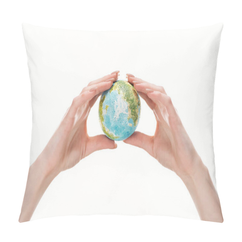 Personality  Cropped View Of Female Hands With Earth Model Isolated On White, Global Warming Concept Pillow Covers