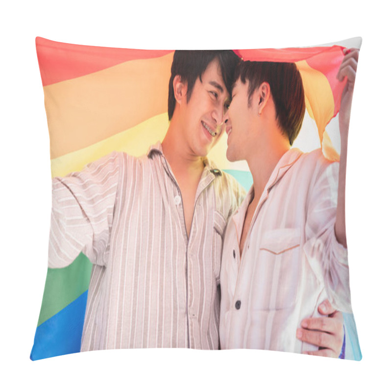 Personality  Gay Couple Sweet And Romantic Moment Under Rainbow Flag Or LGBT Flag. Pillow Covers