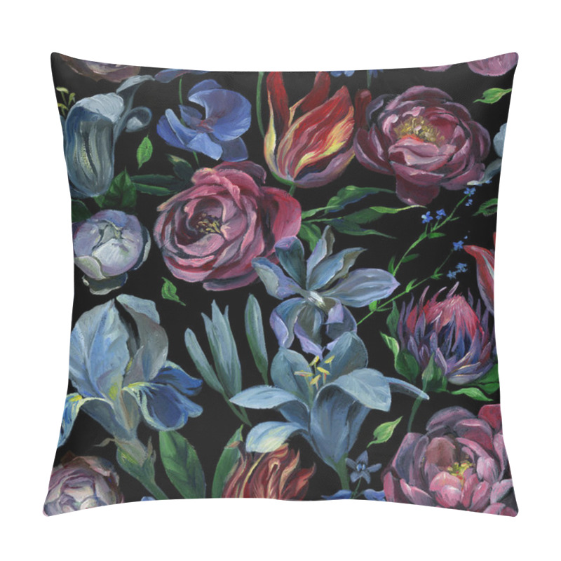 Personality  Oil Or Pastel Drawing. Seamless Pattern Of Different Flowers And Leaves On Black Background. Flowers Drawing In Old Style Pillow Covers