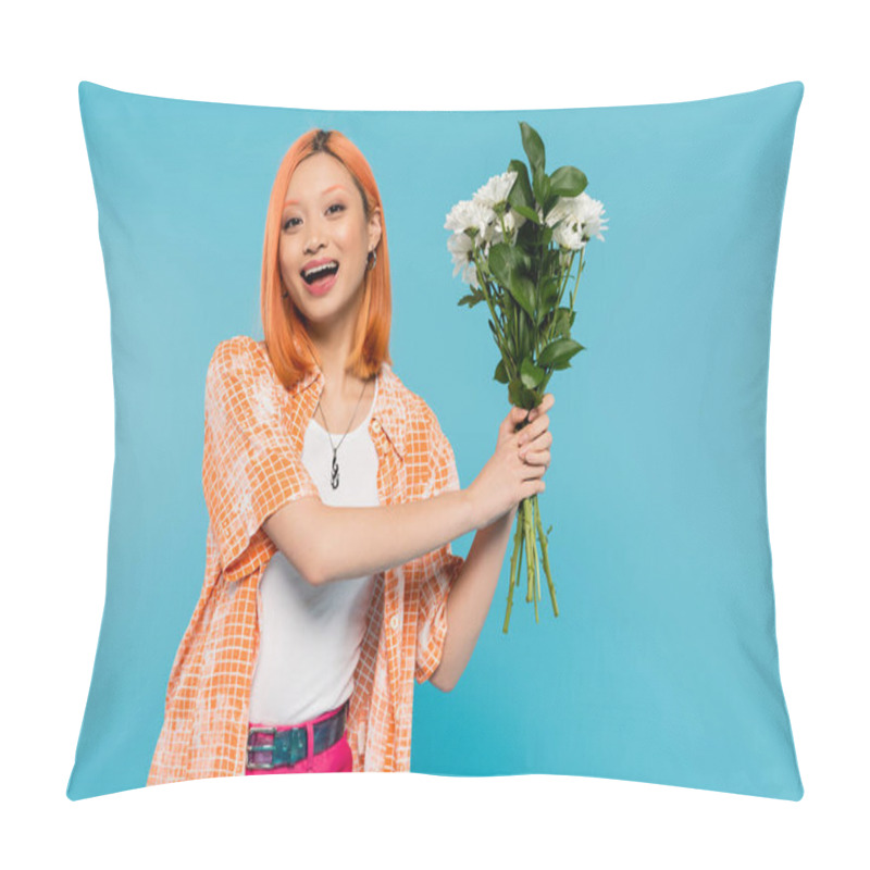 Personality  Floral Bouquet, Spring Vibes, Cheerful Asian Woman With Red Hair Holding White Flowers On Blue Background, Casual Attire, Generation Z, Happy Face, Youth Culture, Beautiful And Trendy  Pillow Covers