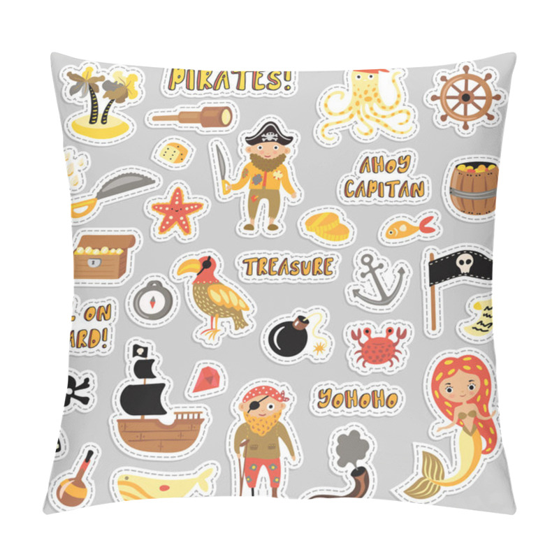 Personality  Set Of Pirates Vector Cartoon Stickers. Adventures And Pirate Party Sticker For Kindergarten. Children Adventure, Treasure, Pirates, Octopus, Whale, Ship - Kids Drawing Vector Cartoon Stickers About Pillow Covers