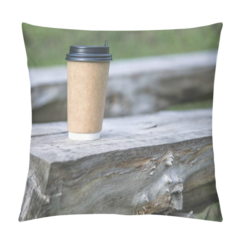 Personality  Close-up Paper Cup Of Coffee On Natural Background On A Wooden Bench. For A Coffee Shop. Pillow Covers