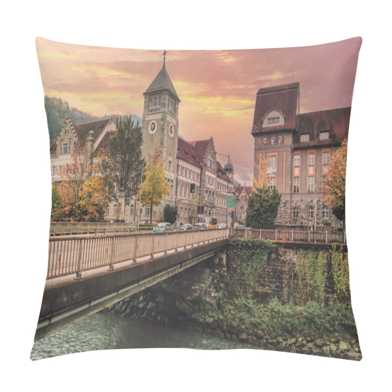 Personality  Scenic Autumn View Of Historic Architecture And Clock Tower By The River In Feldkirch, Austria At Sunset, Showcasing European Charm And Cultural Heritage Pillow Covers