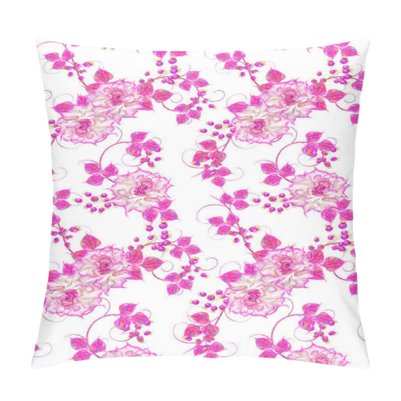 Personality  Violet, Pink Flowers With A Paisley Element, Delicate Curls, Bright Leaves, Inflorescences Of Berries. Floral Seamless Pattern. Pillow Covers