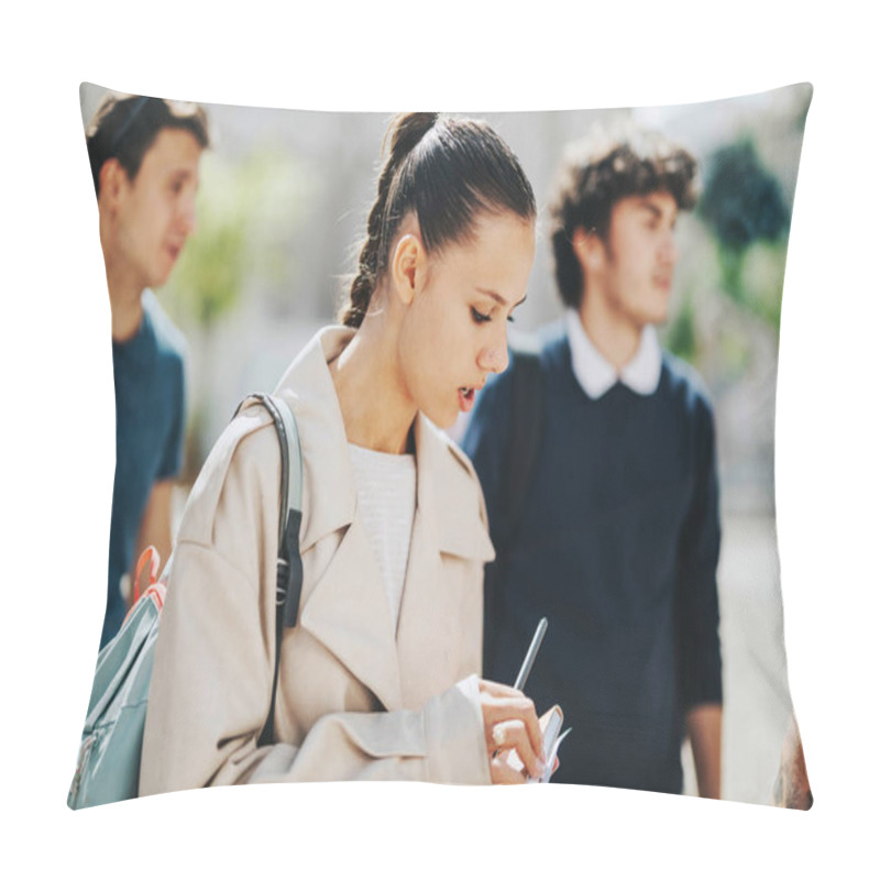 Personality  A Group Of High School Students Work Together Outdoors, Receiving Help From A Professor. The Scene Captures Collaboration, Learning, And Teamwork In An Informal Educational Setting On A Sunny Day. Pillow Covers