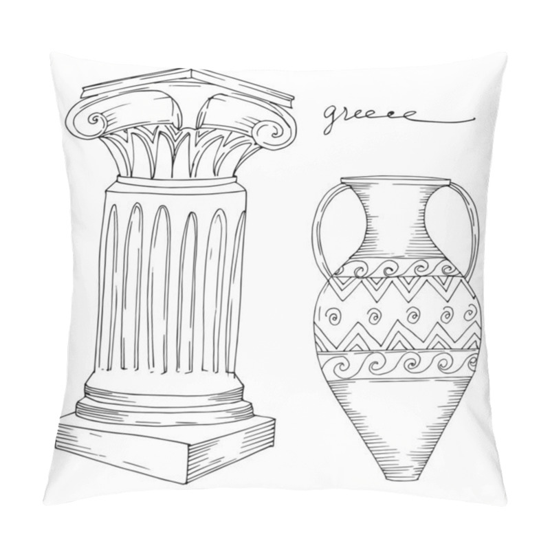 Personality  Vector Antique Greek Amphoras And Columns. Black And White Engraved Ink Art. Isolated Ancient Illustration Element. Pillow Covers