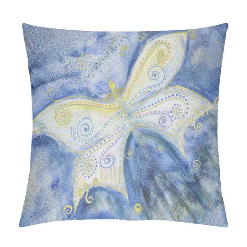 Personality  Decorative Golden Butterfly In The Blue Hour. The Dabbing Technique Near The Edges Gives A Soft Focus Effect Due To The Altered Surface Roughness Of The Paper. Pillow Covers