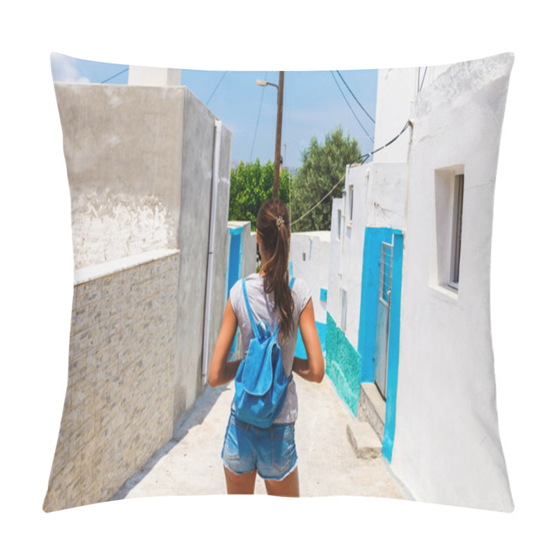 Personality  Tourist Woman In Scenic Old Town Archangelos On Rhodes Island, Dodecanese, Greece. Beautiful Picturesque Ancient White Houses With Flowers. Famous Tourist Destination In South Europe Pillow Covers