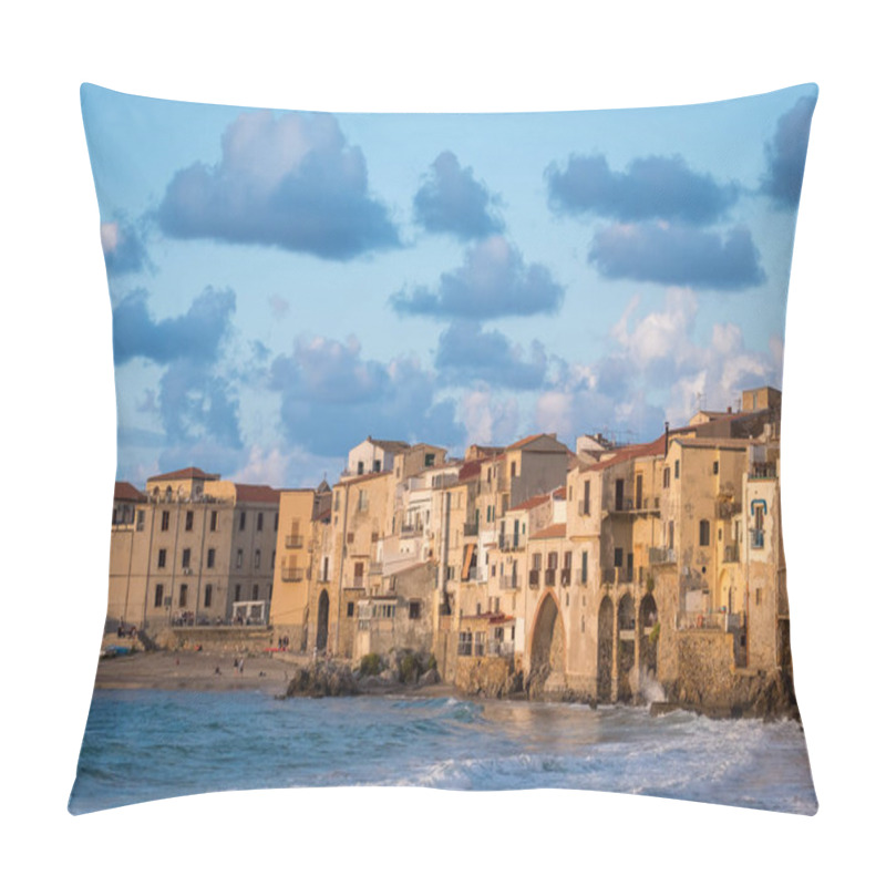 Personality  Seafront Of Tyrrhenian Sea And Medieval Houses Of Sicilian Coastal Medieval City Cefalu In Sunset Pillow Covers