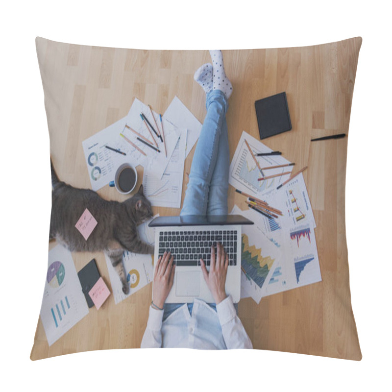 Personality  Creative Home Work Space - Work From Home Concept - Girl With Cat Pillow Covers