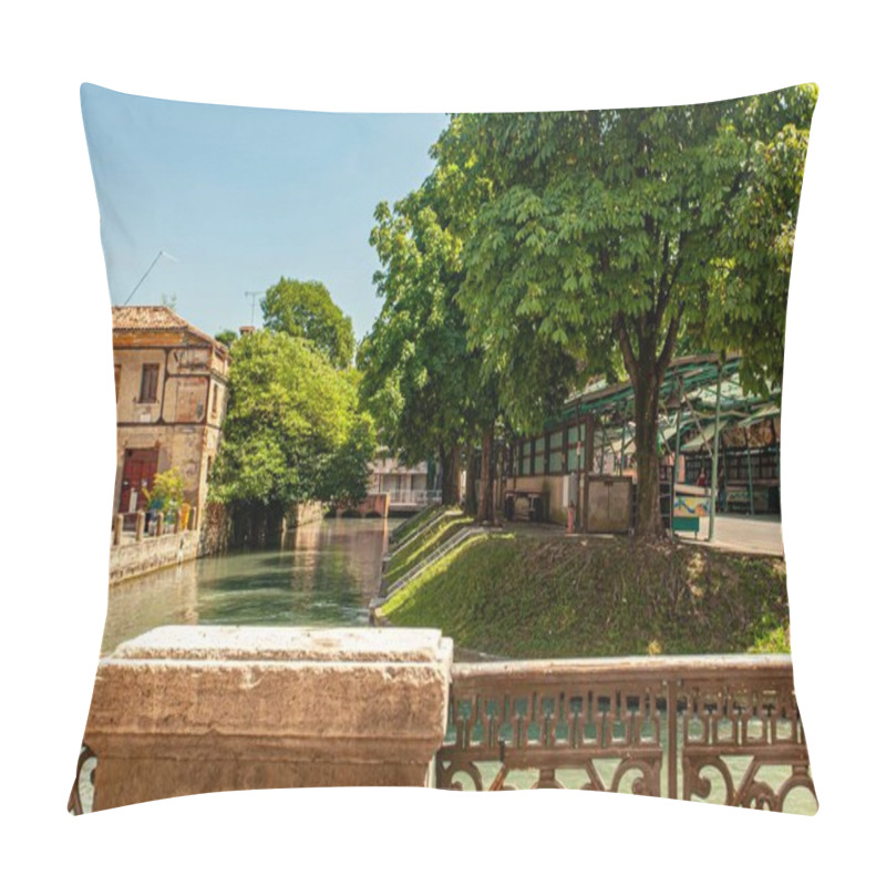 Personality  Treviso, Italy 1 January 2025: Scenic View Of Cagnan Grande Canal With Market Stalls Under Trees And Old Buildings In Treviso, Italy Pillow Covers