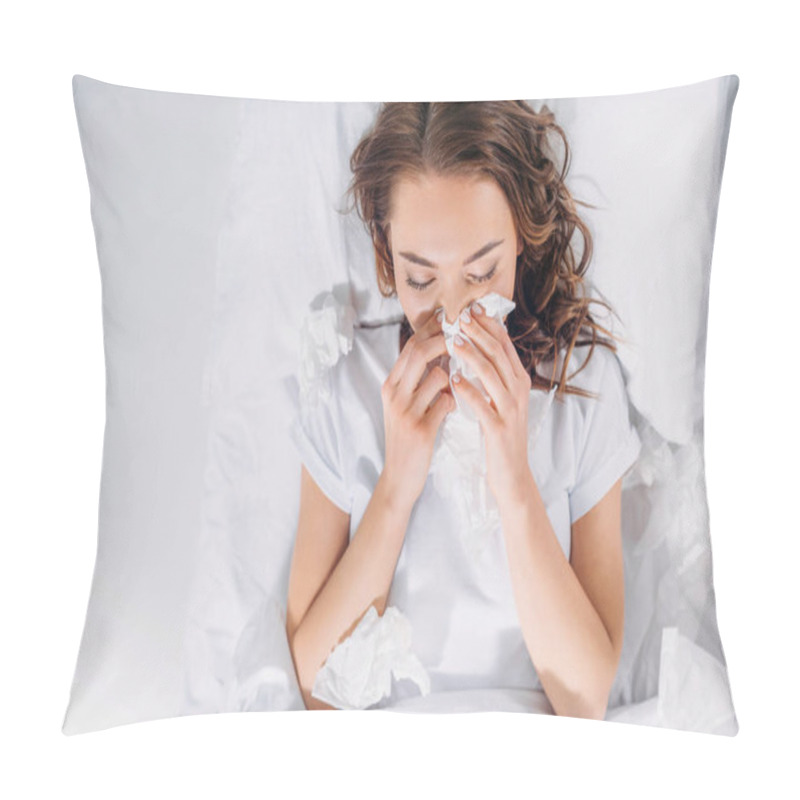 Personality  Overhead View Of Woman Having Running Nose And Resting In Bed Pillow Covers