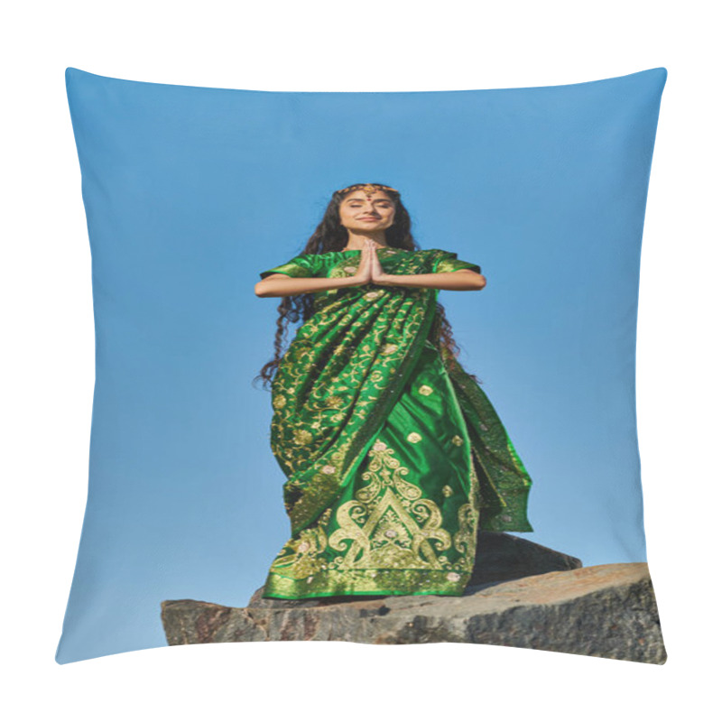 Personality  Young Indian Woman In Stylish Sari Meditating On Stone With Blue Sky On Background Pillow Covers